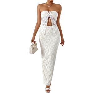 GORGLITTER Women's Two Piece Skirt Sets Outfits Lace Strapless Bandeau Tube Top and Summer Bodycon Long Maxi Skirt Set (White)