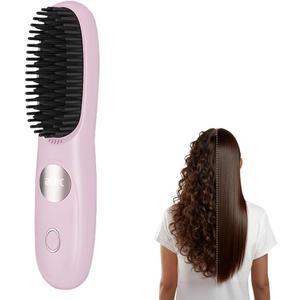 Go Brush, 2026 Cordless Portable Straightener Brush for Travel, USB Rechargeable Hair Straightener Brushs with LED Display for Women (Pink)