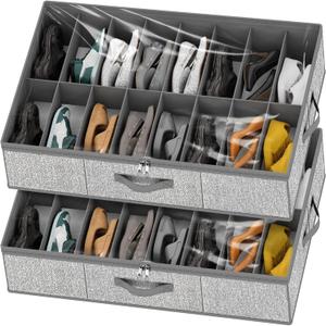 homyfort 32 Pairs Shoe Organizer Under Bed, Underbed Shoe Storage Boxes Bins, Organizador De Zapatos, Extra Large Zapateras Organizer, Grey, Set of 2 (2 Shoes (16+16 Cells) Linen-like Grey)