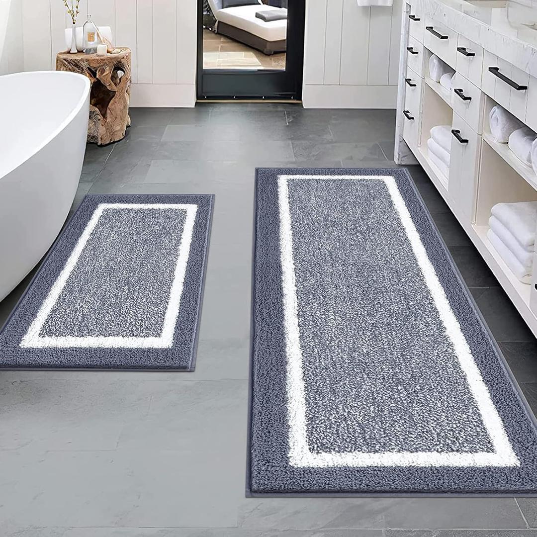 Pauwer 2 Piece Non Slip Bath Mats, Absorbent Shower Rugs for Bathroom Floor, Tub and Shower (18"x26"+18"x48", Dark Grey)