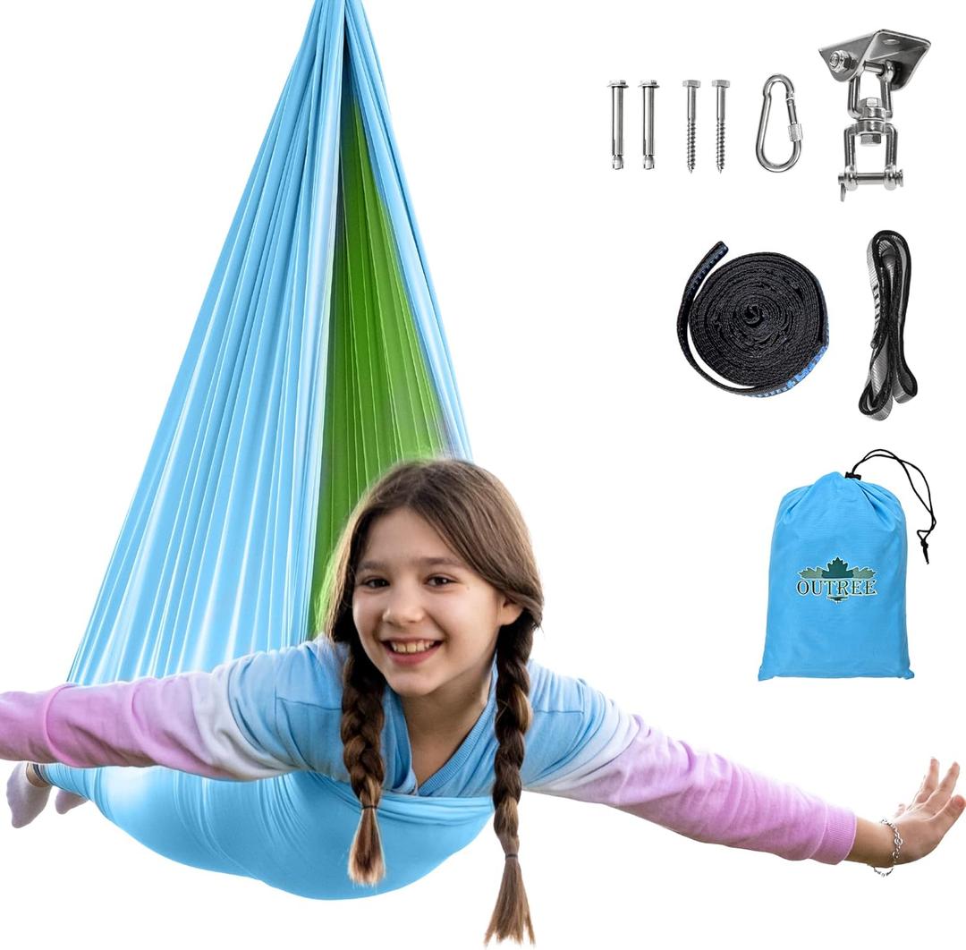 OUTREE Sensory Swing, Double Layer Therapy Swing with 360 Swivel Hanger, Healing & Relaxing Cuddle Sensory Swing for Kids and Adults with Autism, ADHD, Sensory Processing Disorder (Blue/Green)