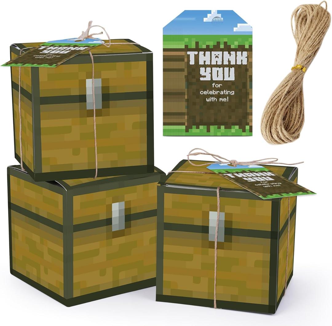 HOMEZZO Pixel Video Game Party Favor Boxes, Set of 16 Pixelated Goody Treat Boxes with Thank You Tags for Birthday Party (3.9 * 3.9 * 3.9 inches)