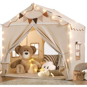 Treestone Play Tent for Kids, 2 in 1 Toddler Tent with Padded Mat and Light, Large Playhouse for Kids Indoor & Outdoor, 2 Doors and 4 Windows, 51" x 39" x 53", Toy Gift for Boys and Girls