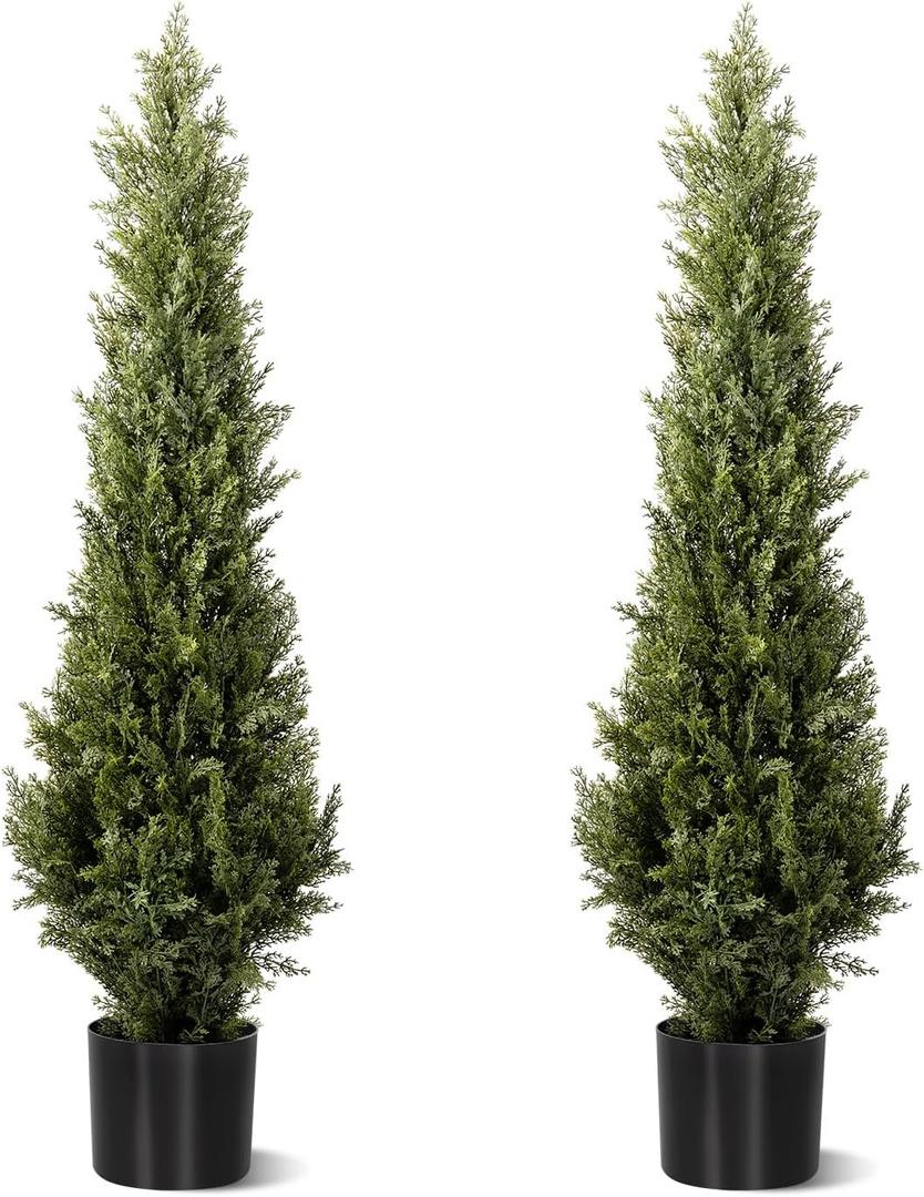 4FT Artificial Cedar Topiary Trees 2 Set, Realistic Fake Cypress Tree Tall Faux Pine Shrubs Plants Artificial Cypress Trees for Home Offices Porch Decor