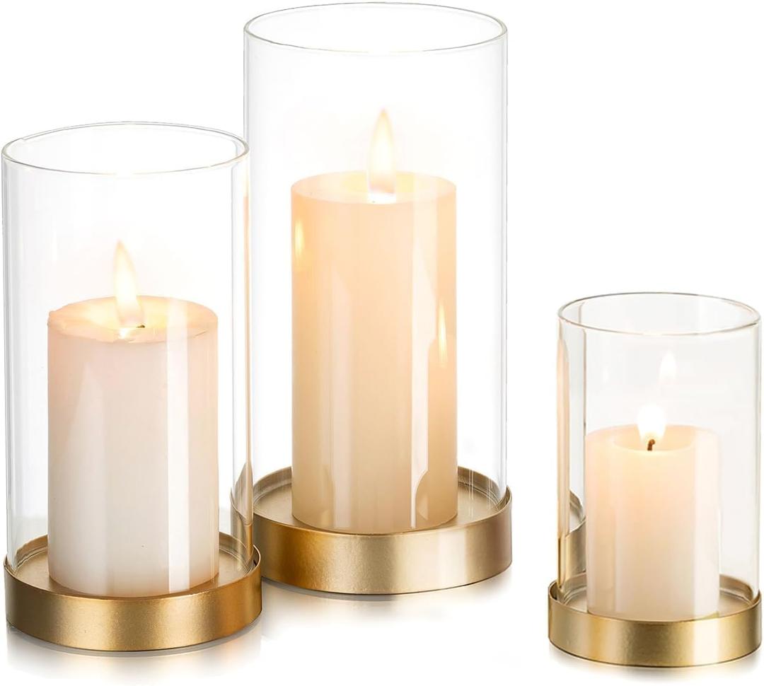 Hewory Hurricane Candle Holder for Pillar Candles: Gold Votive Candle Holders Set of 3, Glass Hurricane with Metal Candle Plate, Pillar Candle Holder for Table Centerpiece Wedding Holiday Home Decor