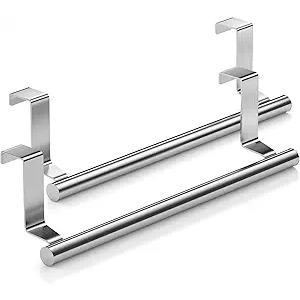Stainless Steel Over Door Towel Rack Bar Holders for Universal Fit on Over Cabinet Cupboard Doors 2 Pack (Sliver)