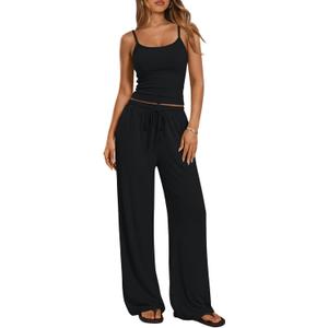 Trendy Queen Women's 2 Piece Lounge Set Soft Matching Vacation Outfits for Travel, Airport, and Casual Wear, Black, Medium