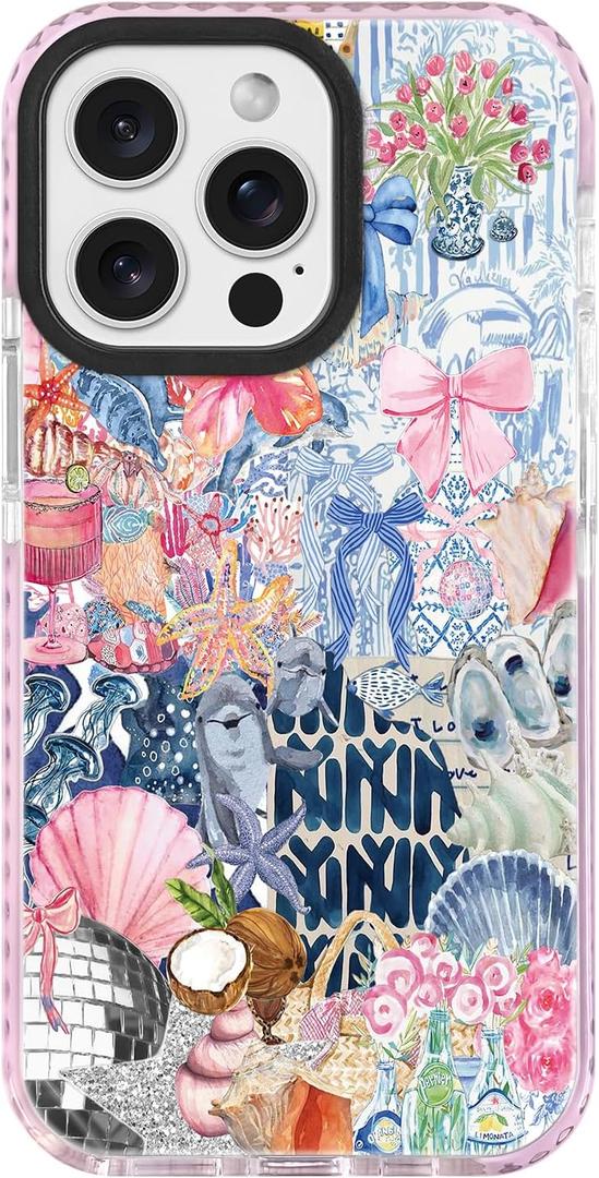 ChiCsFleur for iPhone 13 Pro Max Case, TPU Phone case with Camera Protection for Women Girls Teens - Coastal Collage Pink Bow Disco Ball Y2K Gift Tropical Floral Blue White Sorority Aesthetic Unique (MarineOcean)