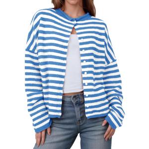Saodimallsu Womens Striped Cardigan Casual Long Sleeve Open Front Button Down Loose Knit Lightweight Fall Sweaters (Blue, M)