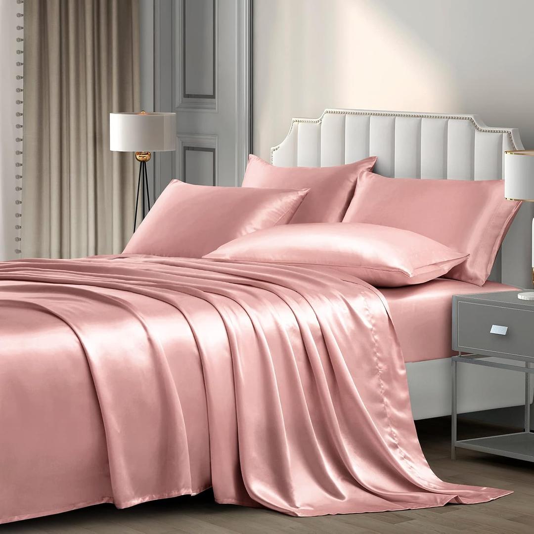 Pothuiny Satin Sheets Full (6 Pieces, Champagne) Luxury Silky Bed Sheets Full Bedding Set, Extra Soft Sheet Set, 1 Fitted Sheet + 1 Flat Sheet + 4 Pillow Cases
