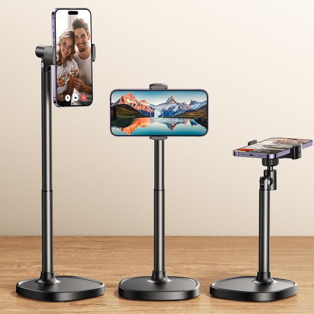 DIMONCOAT Phone Stand for Desk, Angle Height Adjustable Phone Holder for Desk, Aluminum Alloy Universal iPhone Holder, Retractable Cell Phone Stand Recording Office for iPhone 17 16 15 Pro Max Air (BLACK - 6X STABLE WEIGHTED BASE)