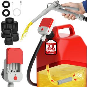 Keimi Portable Fuel Transfer Pump with Hand Nozzle for Quick Stop, 3.8 Gallon per Min, 51" Rubber Hose, Battery & USB Powered, 4 Can Adapters, Leak-proof Gas Pump for Gasoline, Diesel and Kerosene