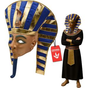 Nicky Bigs Novelties Morph Pharaoh Mask Latex Over Head Egyptian King Tut Headdress in Gold & Blue with Detachable Cloth Headpiece One Size Adults Halloween & Cosplay
