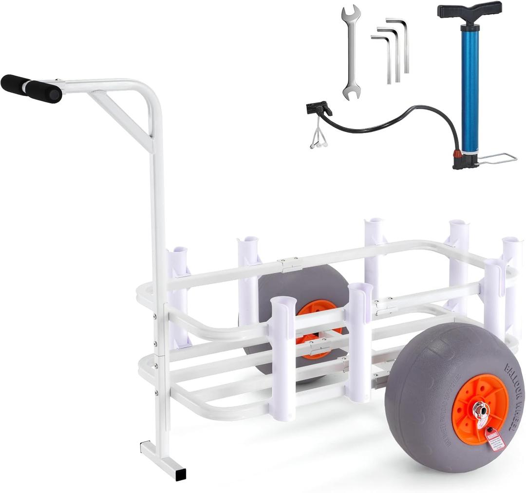 VEVOR Beach Fishing Cart, 300 lbs Load Capacity, Fish and Marine Cart with Two 13" Big Wheels PU Balloon Tires for Sand, Heavy-Duty Aluminum Pier Wagon Trolley with 8 Rod Holders for Fishing, Picnic