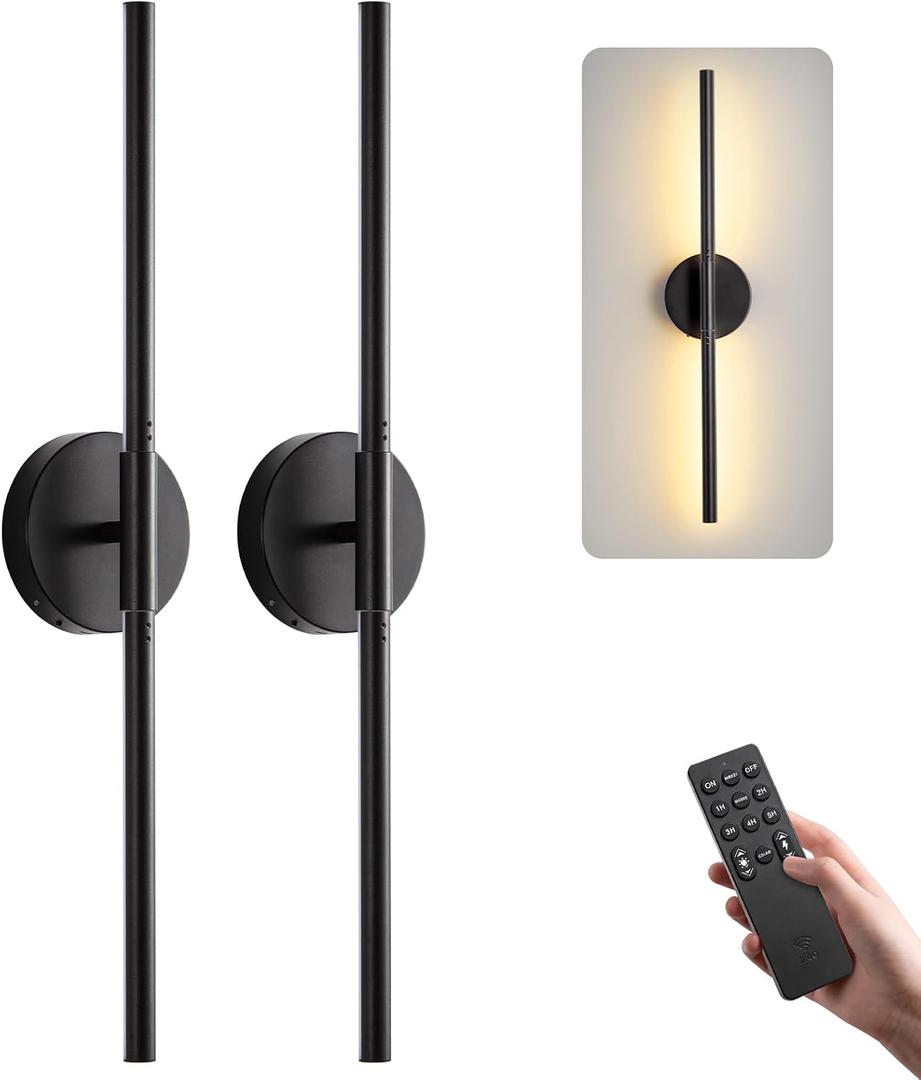 Battery Operated Wall Sconces Set of 2, Rechargeable LED Wall Lights with Remote & Touch Control, 350 Rotatable, 30 Inch Black Dimmable & Timer Modern Wireless Wall Lamps for Bedroom Living Room, 30inch-2 Pack