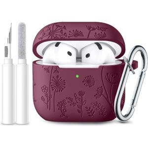 Lerobo Case Cover for Airpods 4, Flower Engraved Silicone, Full Protective, Shockproof, Anti-dust, with Cleaner Kit & Keychain, Compatible with Apple Airpods 4 Case for Women, Purplish Red