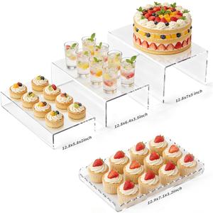 Acrylic Buffet Risers, Food Risers for Buffet Table, Clear Acrylic Risers Display Stand with U Shaped for Catering Supplies, Scalloped Acrylic Serving Tray for Cupcake, Dessert and Party (Clear 4 PCS)