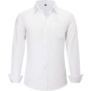 Men's Long Sleeve Dress Shirts, Regular Fit Stretch Wrinkle-Free Business Casual Button-Down Shirts with Front Pocket (X-Large, White)