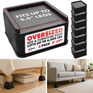 iPrimio Oversized Bed and Sofa Risers, Square 3" Lift, Heavy Duty, 8 Pack, Up to 6000lbs - Bed Raising Blocks, Furniture and Couch Risers - Bed Lifts for College Dorm Rooms, Couches, Tables, Desks