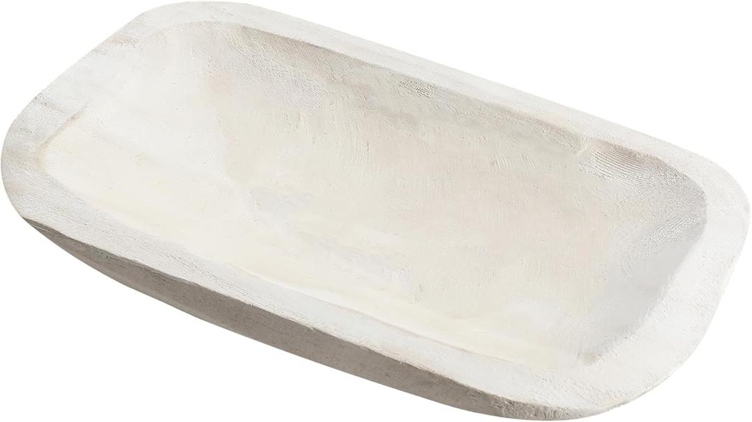 Large Wooden Dough Bowl Decorative Wooden Bowl Rustic Long Dough Bowls Decor for Farmhouse Home Dining Table Centerpiece Living Room Kitchen Decorations(10 x 6 Inch,White)