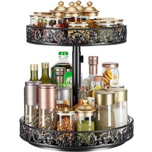 Two Tier Lazy Susan Organizer Turntable Height Adjustable, 2 Tier Lazy Susan 12 Inch Metal Easy Assembly, Spice Rack Organizer Rotating for Cabinet Dining Table Top Kitchen Countertop Black