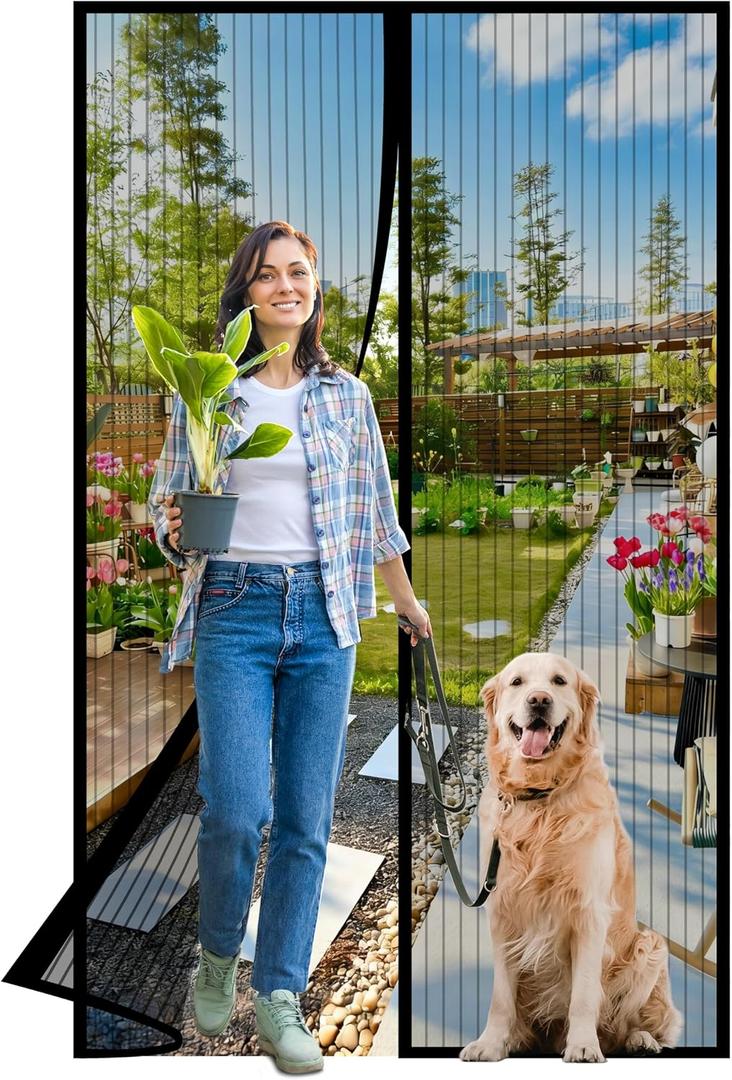 2 x Magnetic Screen Door -Fit Door Size 38.0 x 83.0'' Retractable Screen Door Mesh for Front Door or Sliding Door, Pet & Kid Friendly, Hands-Free Closure Keeps Bugs Out & Lets Breeze in, Stripe Black