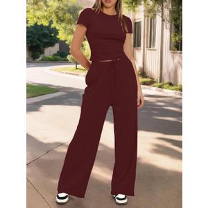Women's 2 Piece Lounge Set Ruched Short Sleeve Tops High Waisted Wide Leg Pants (Large, Wine Red)