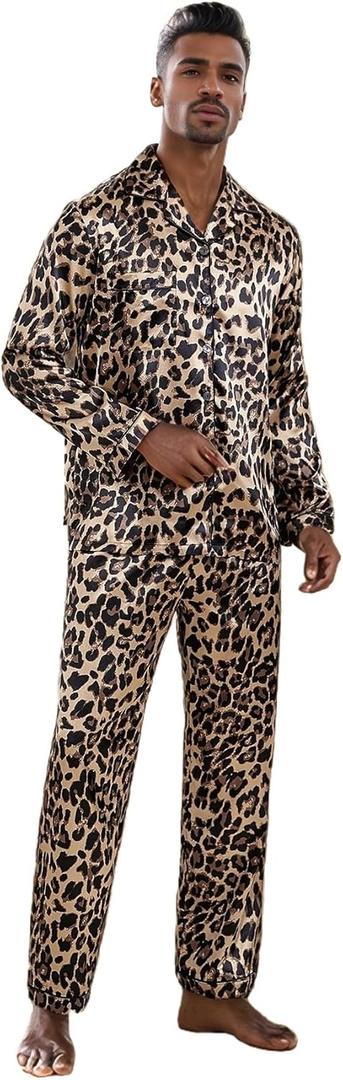WDIRARA Men's Satin Leopard Lapel Neck Button Down Long Sleeve Top and Pants 2 Piece Pajama Set (Khaki, Small)