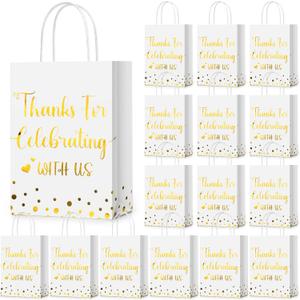 Ctosree 50 Pcs Wedding Gift Bag Thanks for Celebrating with Us Paper Bags Wedding Gift Bags with Handle for Hotel Guests Gift Bag for Bridal Shower Party Favors(White, Gold)