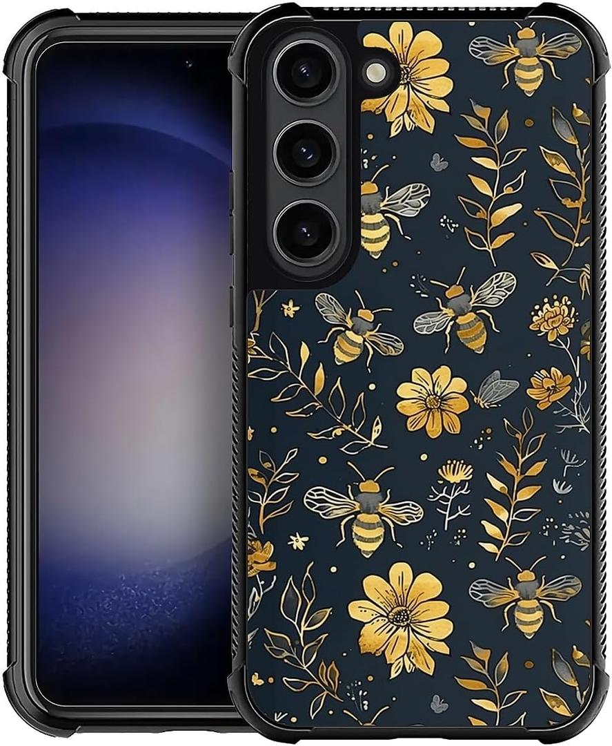 Compatible with Samsung Galaxy S23 Case,Vintage Yellow Bee Floral Amazing Pattern Design Shockproof Anti-Scratch Hard PC Back Case for Samsung Galaxy S23