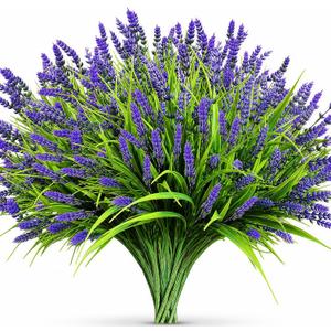 Artificial Flowers Outdoor Faux Lavender & Monkey Grass Fake Plants, UV Resistant for Garden Porch Patio Hanging Planter (12, Purple)