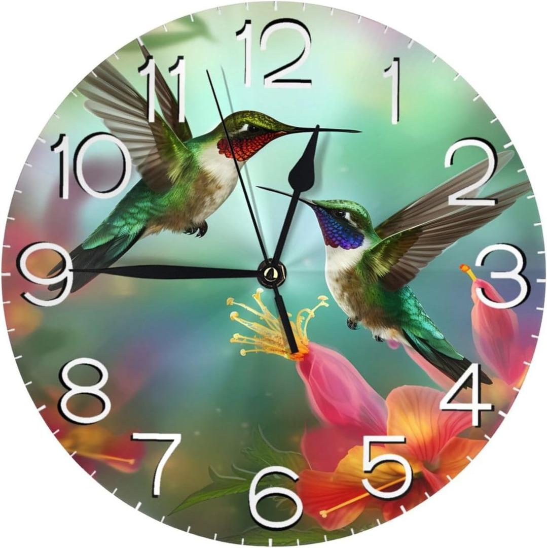 Round Wall Clock Hummingbirds Silent Non-Ticking Decorative Clocks Battery Operated Quartz Quiet Desk Clocks for Home Kitchen Bedroom Bathroom