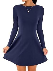 ANRABESS Women's Long Sleeve A-Line Mini Dress 2025 Fall Boat Neck Semi Formal Fit and Flare Casual Business Short Dresses Navy Blue Medium