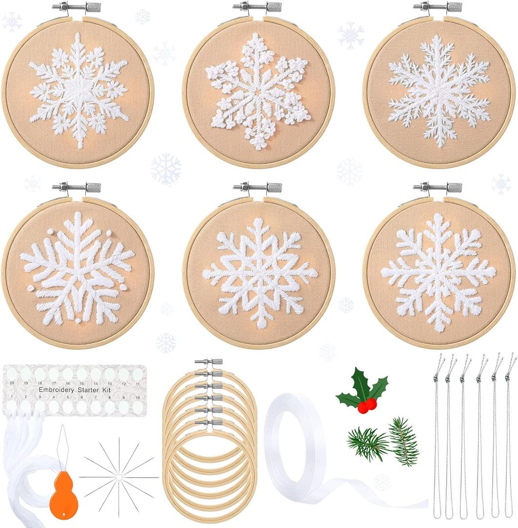 Roowest 6 Sets Winter Embroidery Kits for Beginners Adults Winter Snowflakes Cross Stitch Embroidery Ornament Kit DIY Craft Needlepoint Sets with Pattern Instructions Thread Needle Ribbon(Tan)