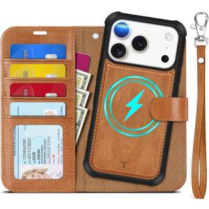 TUCCH Detachable Case Wallet for iPhone 17 Pro (6.3") 2025, Wrist Strap | 4 Card Slots RFID Blocking | Wireless Charging | Stand | 2-in-1 Magnetic | PU Leather | Shockproof Folio Cover | Light Brown