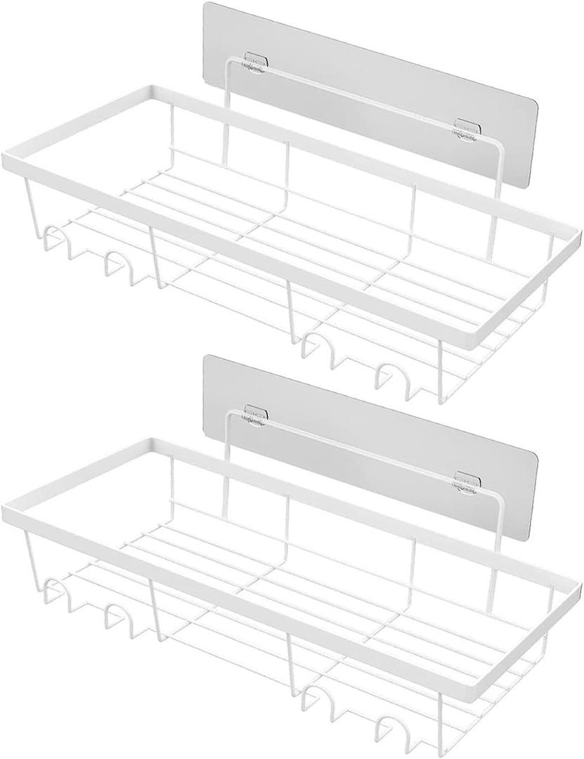 Bathroom Shelf with Towel Hooks Anti-Rust Organizer 2pcs Carbon Steel Shower Caddy Adhesive Tape Installation Hollow Bottom Design Wall-Mounted White