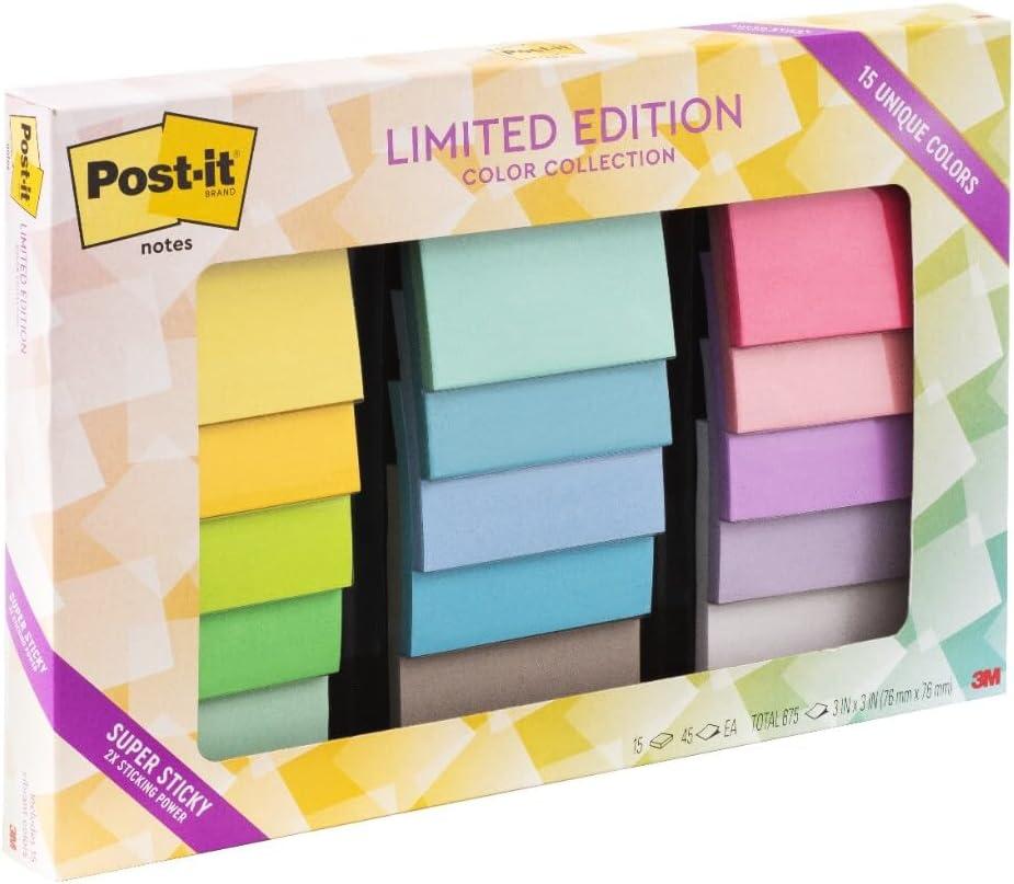 Post-it Super Sticky Notes, Limited Edition Color Collection, 3x3 in, 15 Pads/Pack, 45 Sheets/Pad (7.9" x 11.9")