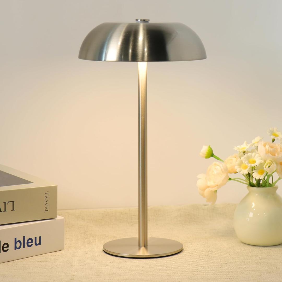 Portable Mushroom Table Lamp with 5200mAh Battery, Cordless LED Night Light with Stepless Dimming, 3 Color Modes & Adjustable Height for Bedroom, Patio, Bar Decor and Coffee Shop (Silver-Tall)