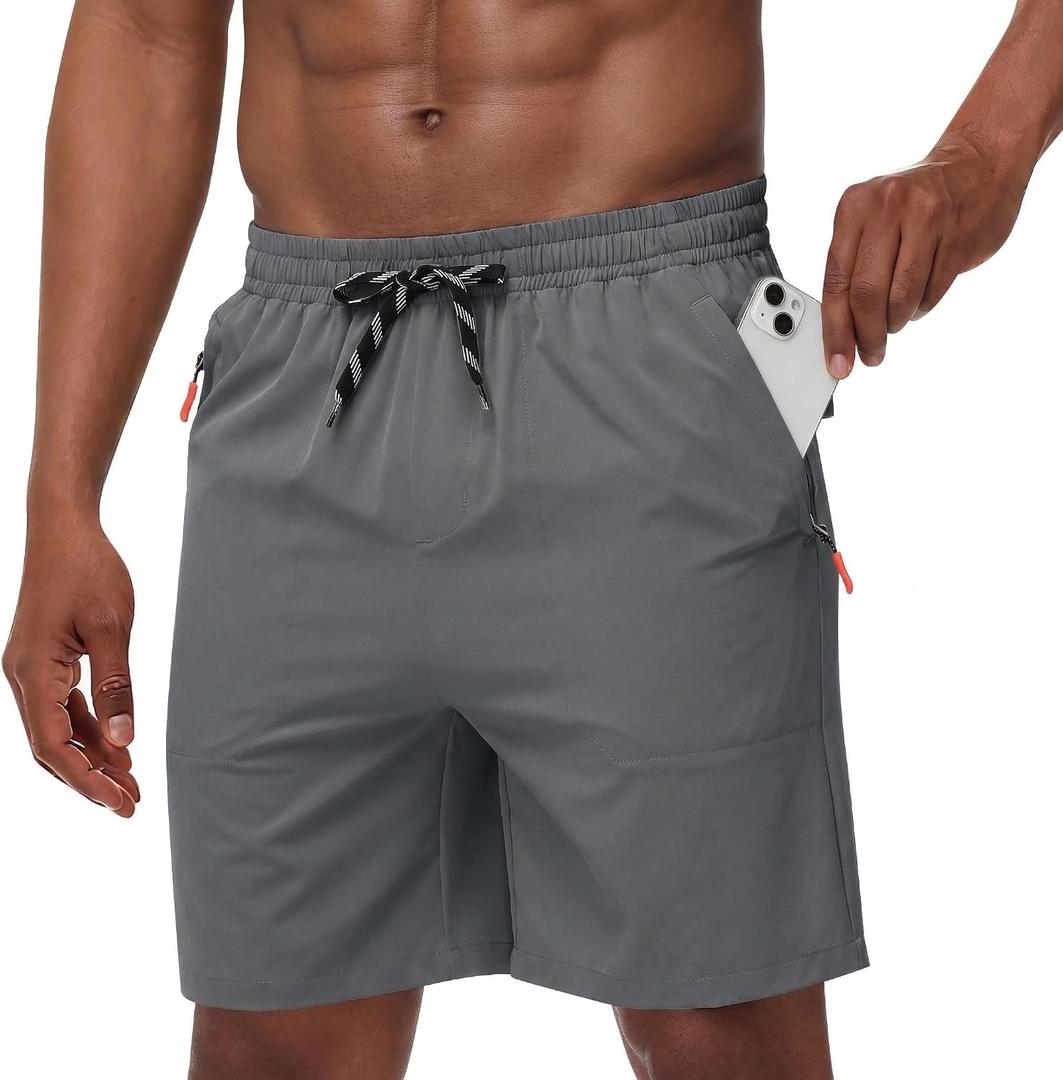 Men's Casual Hiking Athletic Shorts Khaki Board Hybrid Drawstring Elastic Waist 7 inch Quick Dry Lightweight Stretch (Gray)