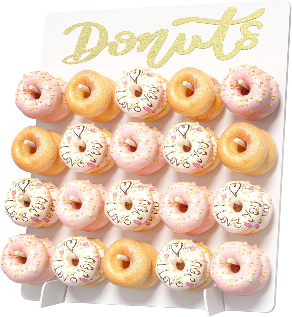 Wooden Donut Wall Display Stand - Holder for 20 Doughnuts, Board for Grow Up Party, Birthday, Wedding, Baby Shower Decorations (White) (19.3x21.6 inch)