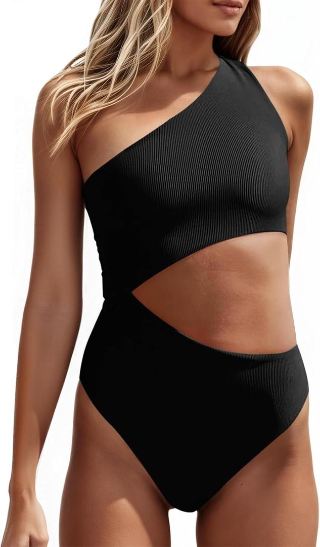 Women's One Piece Ribbed Swimsuit One Shoulder Cutout Swimwear Sexy Bathing Suit (Black, S)