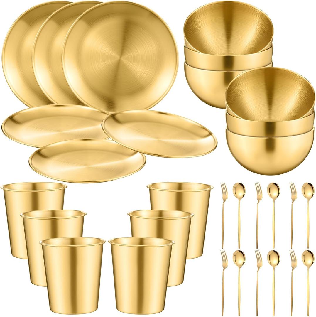 Jinei 30 Pcs 304 Stainless Steel Dinner Set Stainless Steel Plates and Bowls Include Plates Bowls Cups Forks Spoons Utensil Reusable Metal Camping Dinnerware Tableware for Home Picnic Kitchen (Gold) (Small)