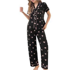 SweatyRocks Women's 2 Piece Pajama Set Cherry Print Sleepwear Button Down Shirt and Pant Sets Black Medium
