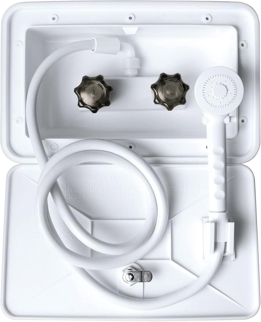 RV Outdoor Shower Exterior Shower Box Kit with Camper RV Outside Showers Faucet Valve + Coiled Hose + Sprayer Head + Lock, Replacement for Camper, Van, Travel Trailer, Motorhome and Boat,White