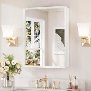 Keonjinn White Medicine Cabinet Mirror 20" x 26", Assembly Needed, Bathroom Medicine Cabinet with Mirror, Beveled Framed, Surface Wall-Mounted or Recessed, Shelves Adjustable