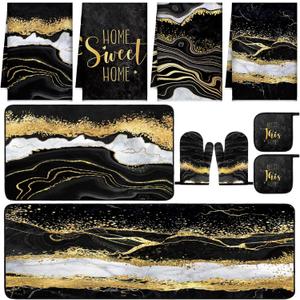 10 Pcs Marble Farmhouse Kitchen Decor Accessories Set Marble Kitchen Dish Towels Rugs Oven Mitts and Pot Holders Sets for Cooking Baking(Black Gold, Modern)