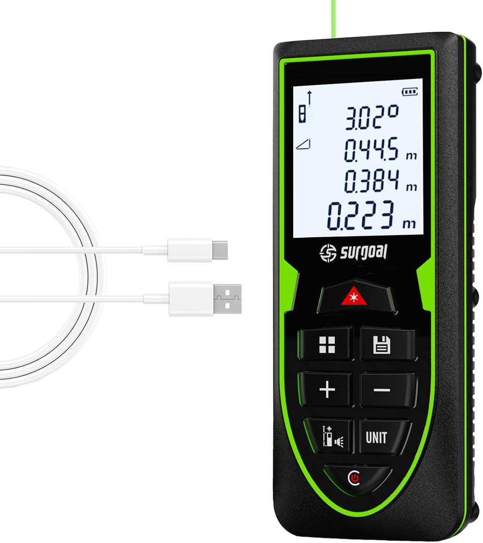 Green Laser Distance Meter 393.7ft  USB Rechargeable Digital Laser Measure with Angle Sensor, Backlit LCD, Area/Volume/Pythagorean, 3mm Accuracy, Electronic Measuring Tool for Construction & DIY
