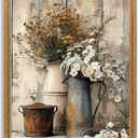 Krtoni Framed Farmhouse Vintage Canvas Wall Art, Country Floral Daisy Picture Wall Decor, White Jasmine Flowers and Rust Kettle Poster Print for Living Room Bedroom Bathroom Rustic Decor 24''L x 16''W