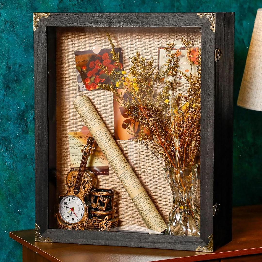 16x20 Inch Extra Deep Shadow Box Frame Depth 4.7in Shadow Boxes Display Cases with Cork Board Backing Rustic Burnt Wood Box for Flowers Bouquet Wedding Picture Photo and Keepsake(Black)