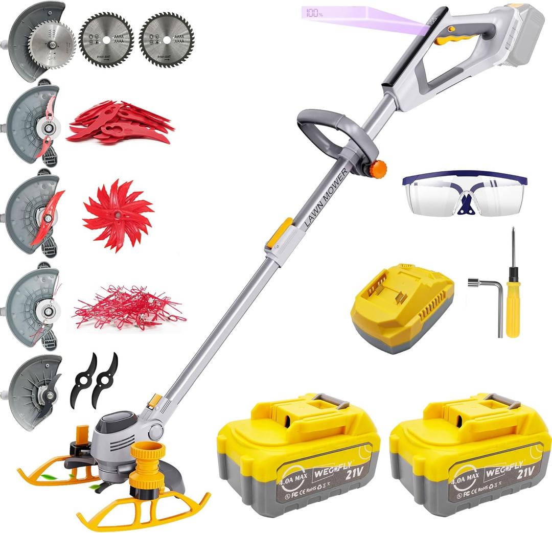 Cordless String Trimmer & Edger, (Electric Weed Wacker Include 2 x 21V 4.0Ah Battery and 5 Types Blades), 3-in-1 Edger Lawn Tool/Weed Eater Battery Powered/Brush Cutter - WEG21A…